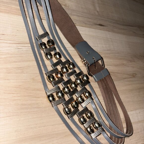 Vintage Grey Genuine Leather Beaded Belt Waist 28" - Picture 2 of 5